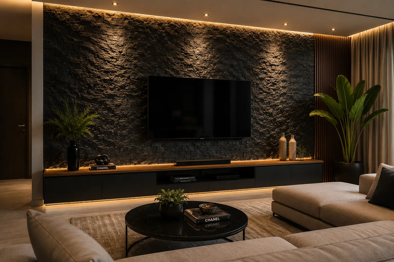 Painel de televisão em sala de estar revestido com Pedra Moledo Black