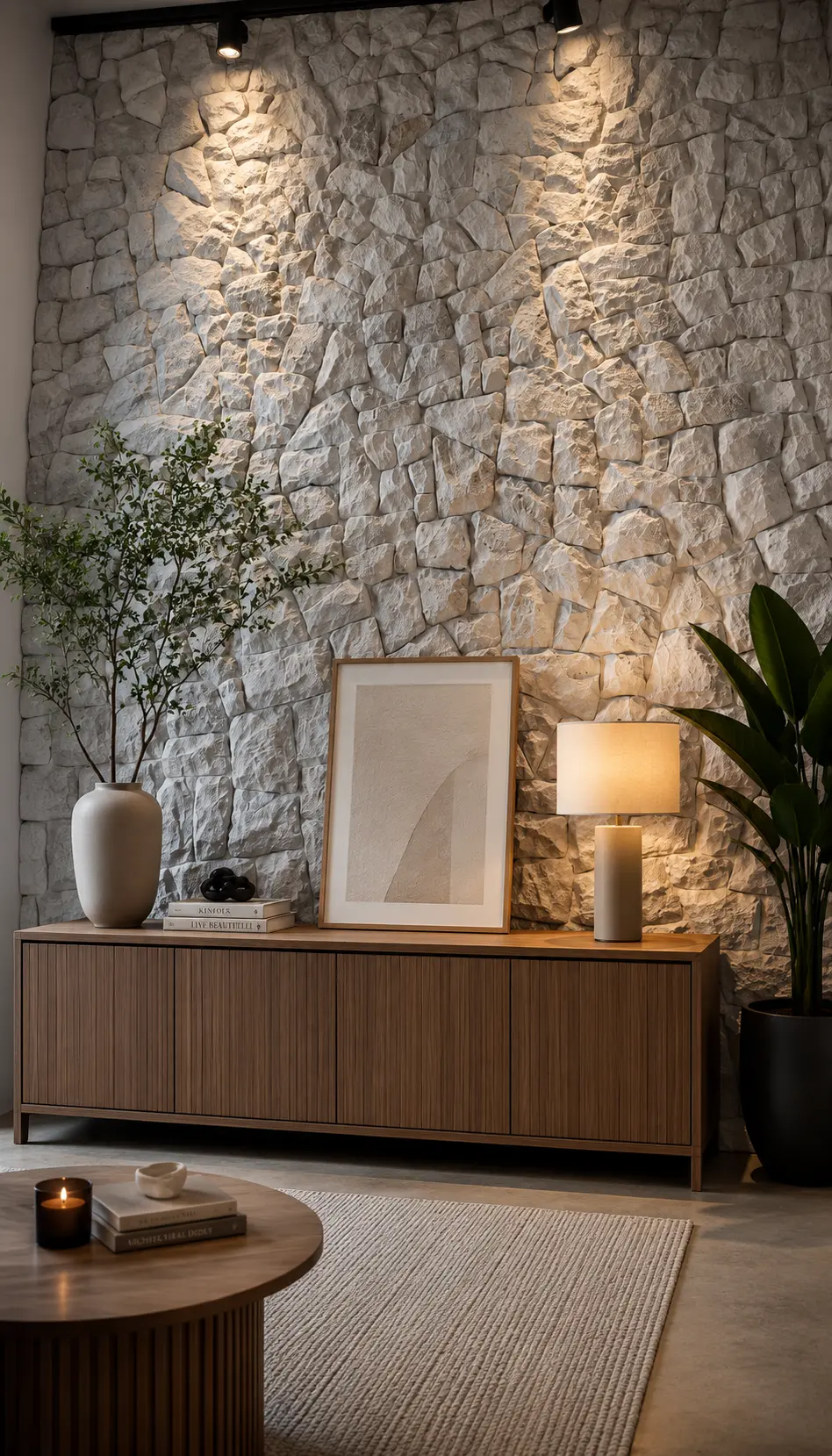 Parede revestida com Pedra Moledo Branca Cristal com iluminação de destaque