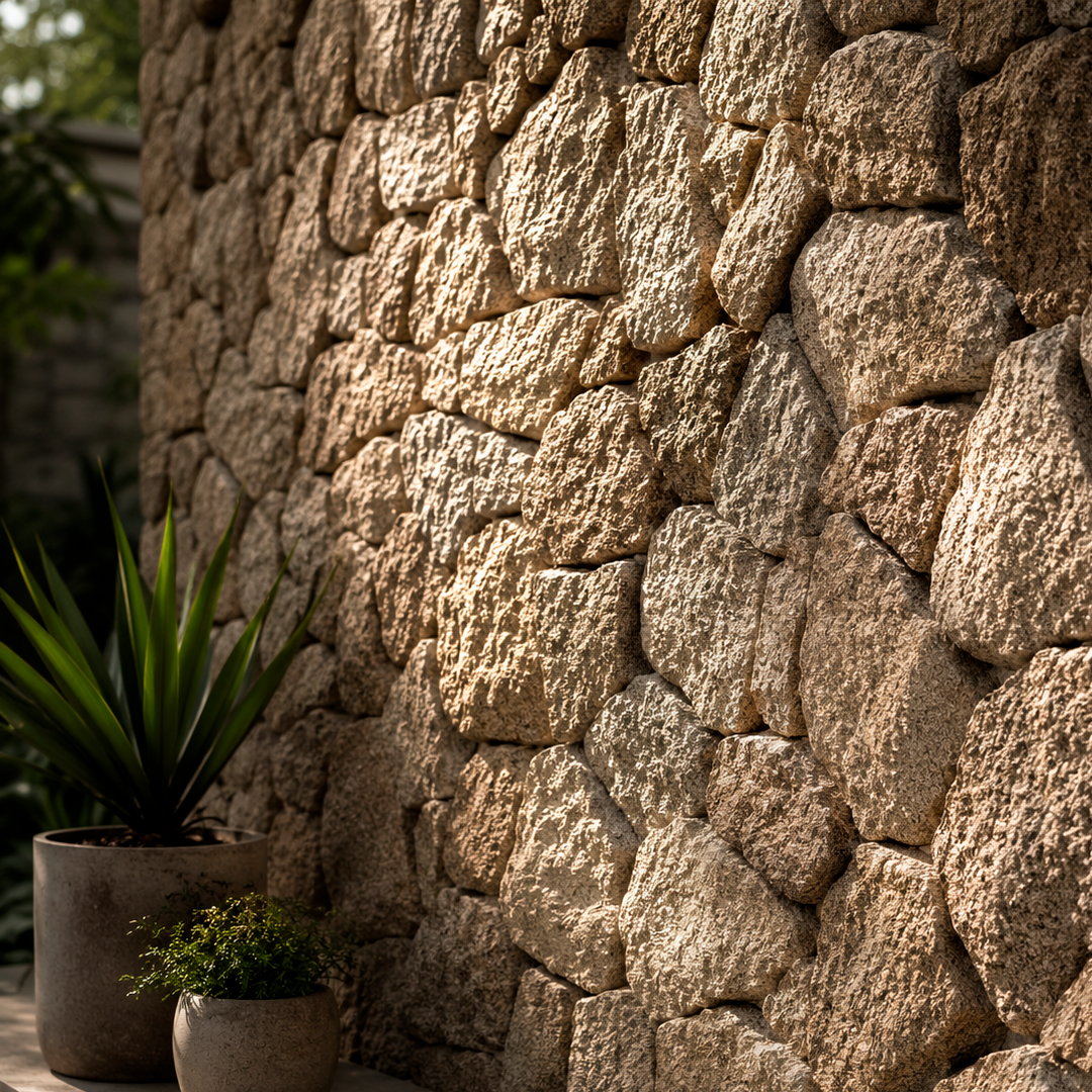 Muro de jardim revestido com Pedra Moledo Champagne ao lado de vasos com plantas