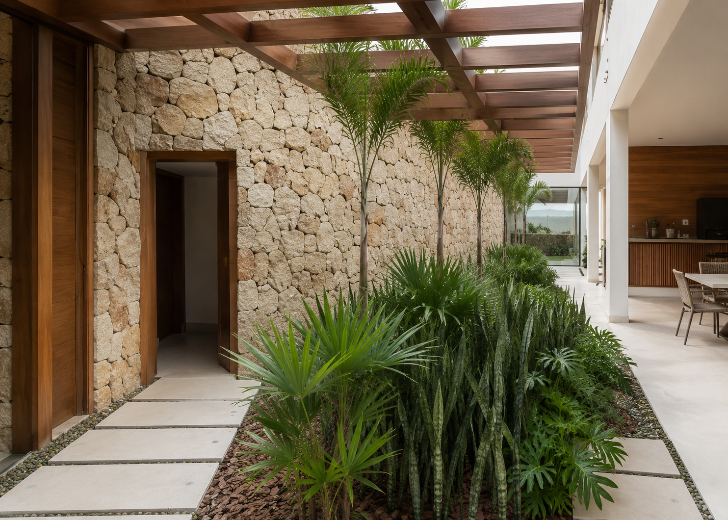 Jardim interno com pergolado de madeira e parede revestida em Pedra Moledo Champagne