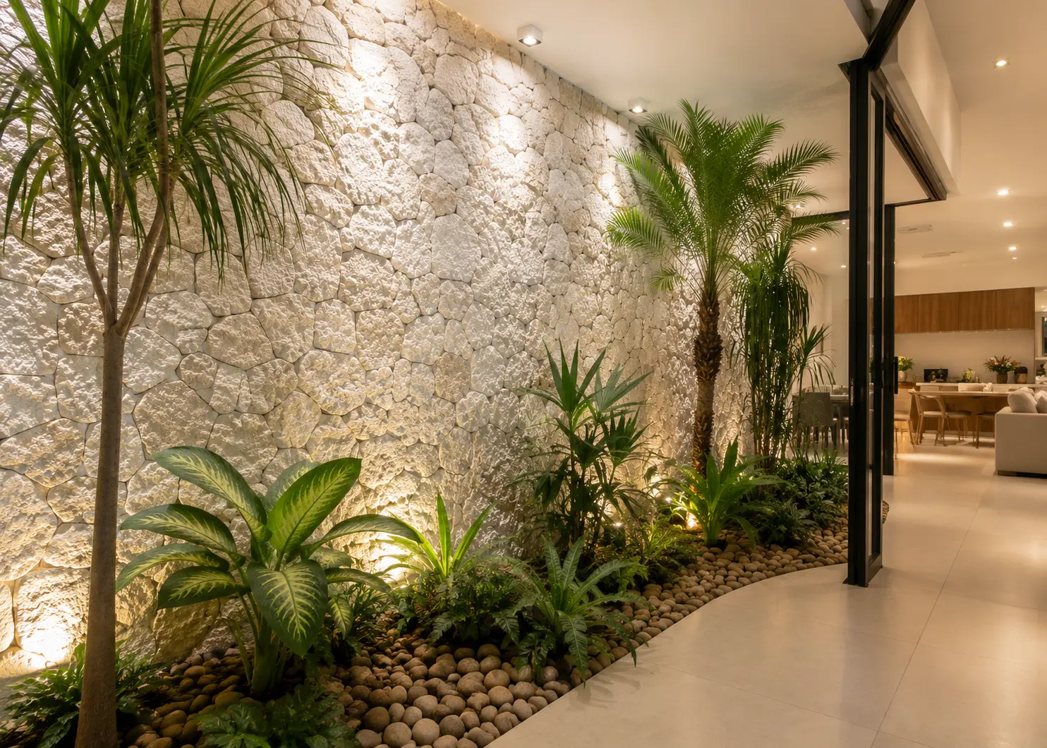 Jardim de inverno com parede revestida em Pedra Moledo Branca Cristal com iluminação de destaque