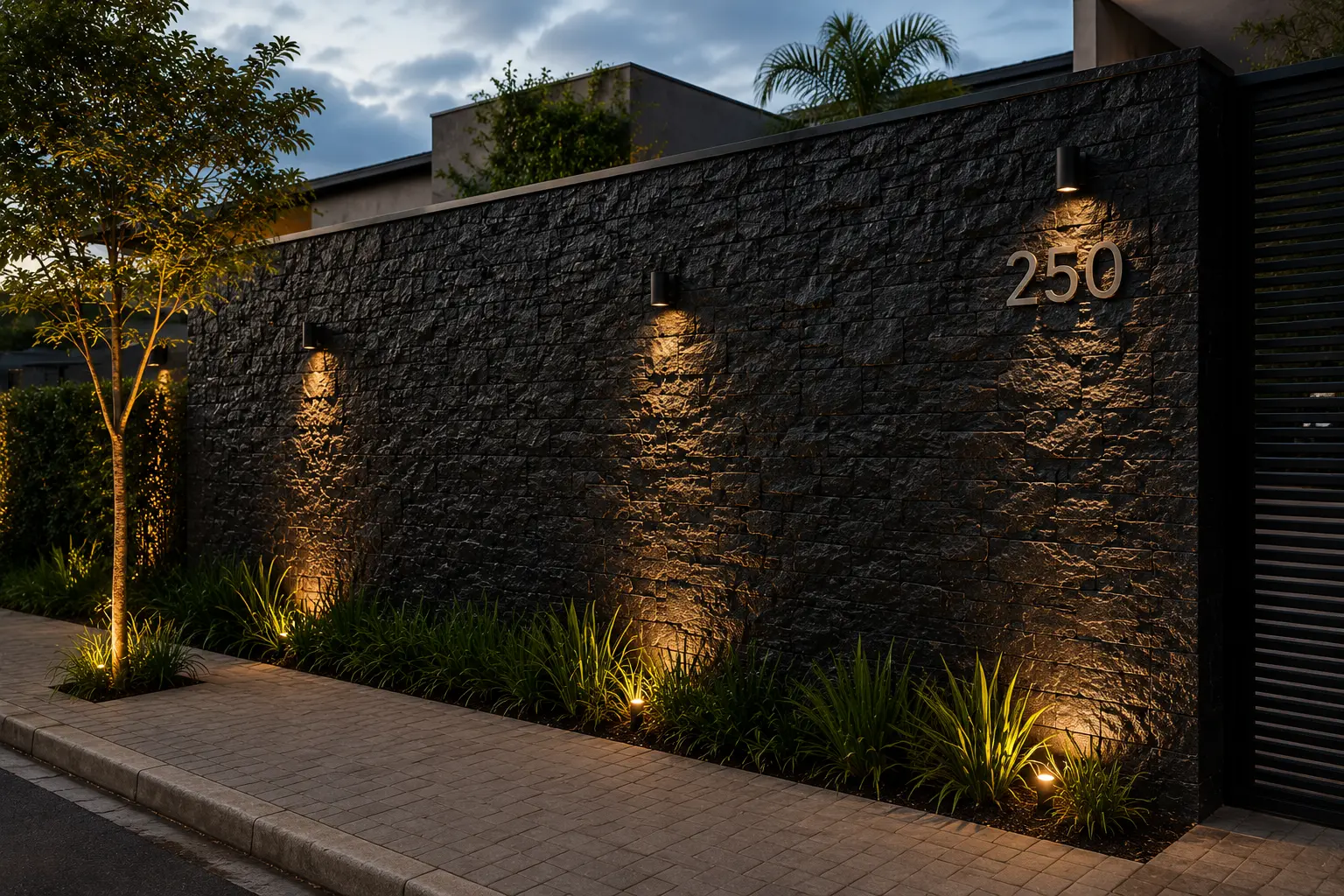 Muro externo revestido com Pedra Moledo Black com iluminação e paisagismo