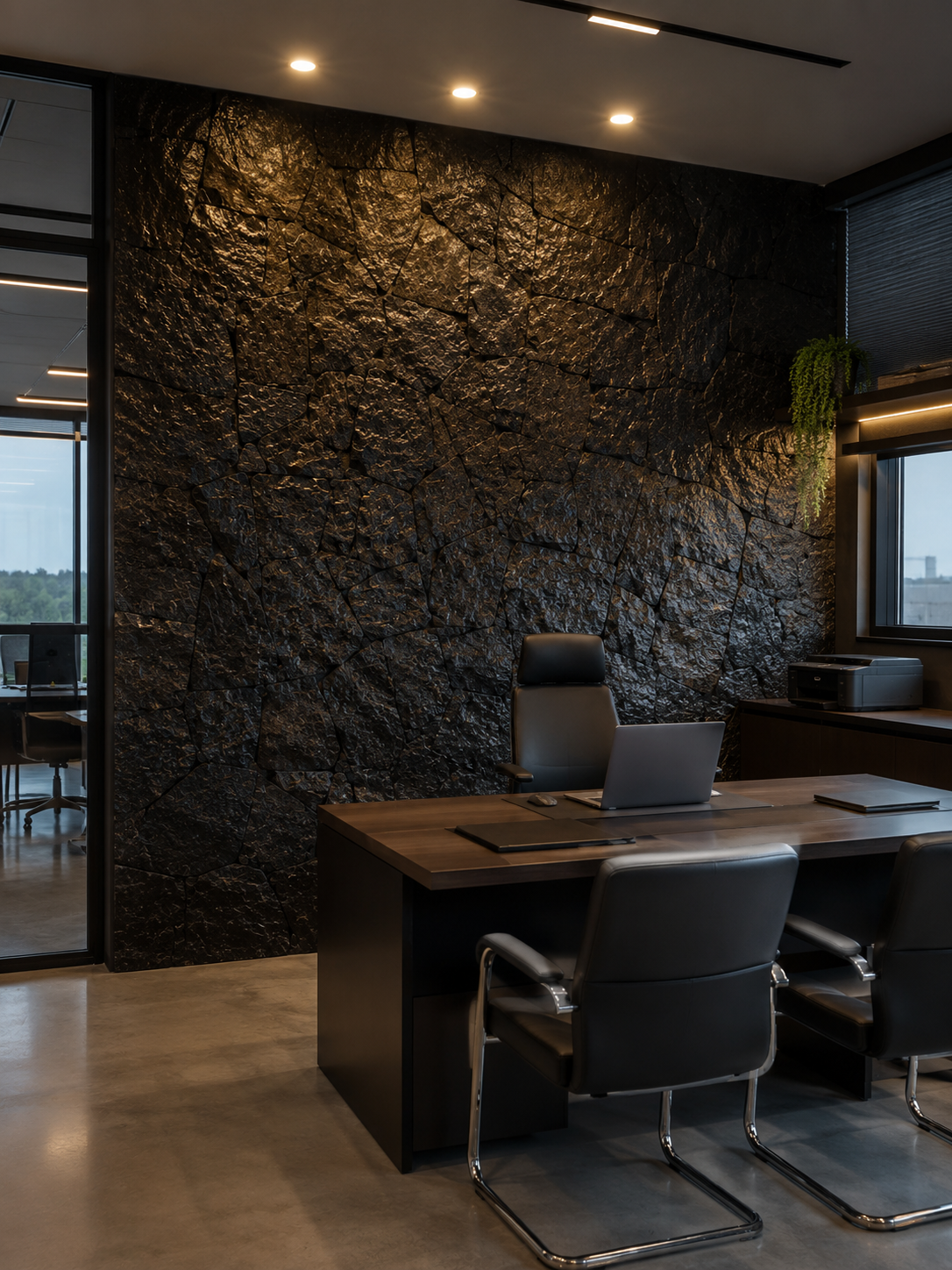 Espaço comercial com parede em Pedra Moledo Black iluminada