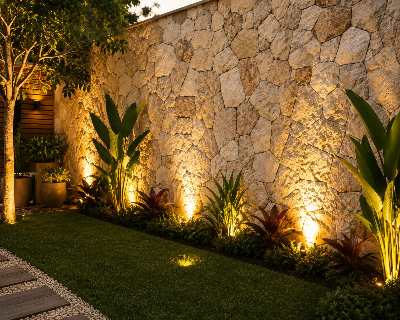 Muro externo revestido com Pedra Moledo Champagne com iluminação e paisagismo