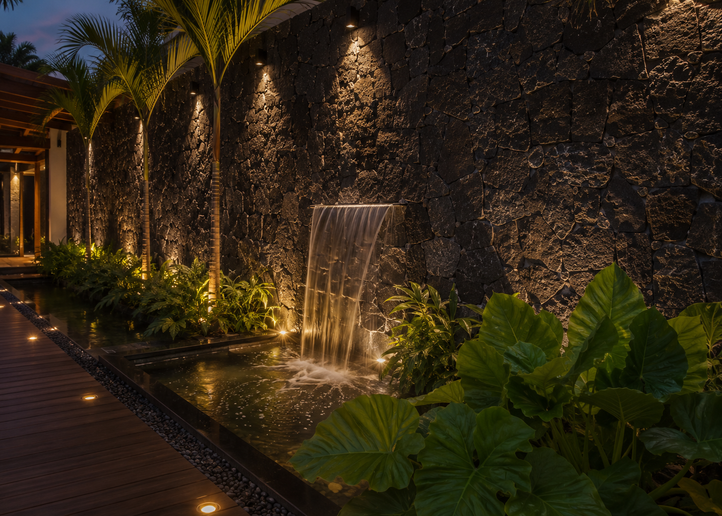 Jardim com espelho d'água e cascata em parede revestida com Pedra Moledo Black iluminada